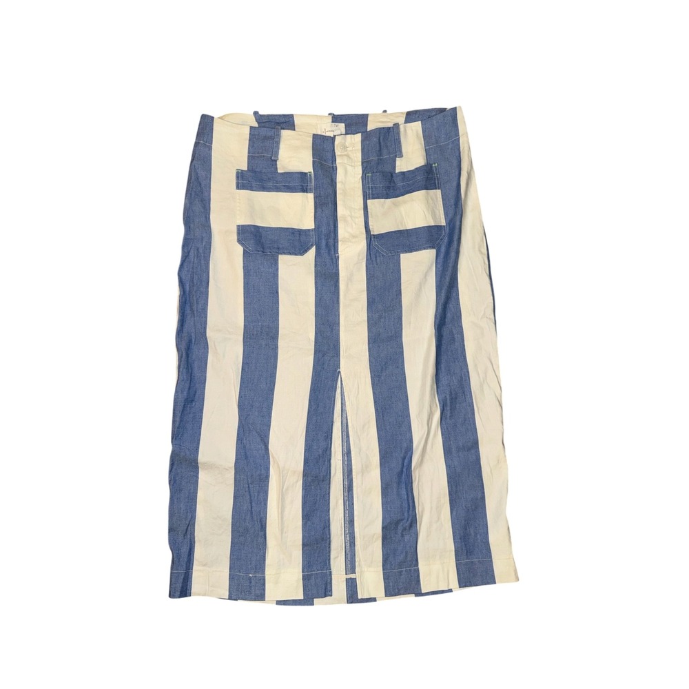 Anthropologie Midi Skirt Women 2X Blue White Striped Linen Blend Utility
